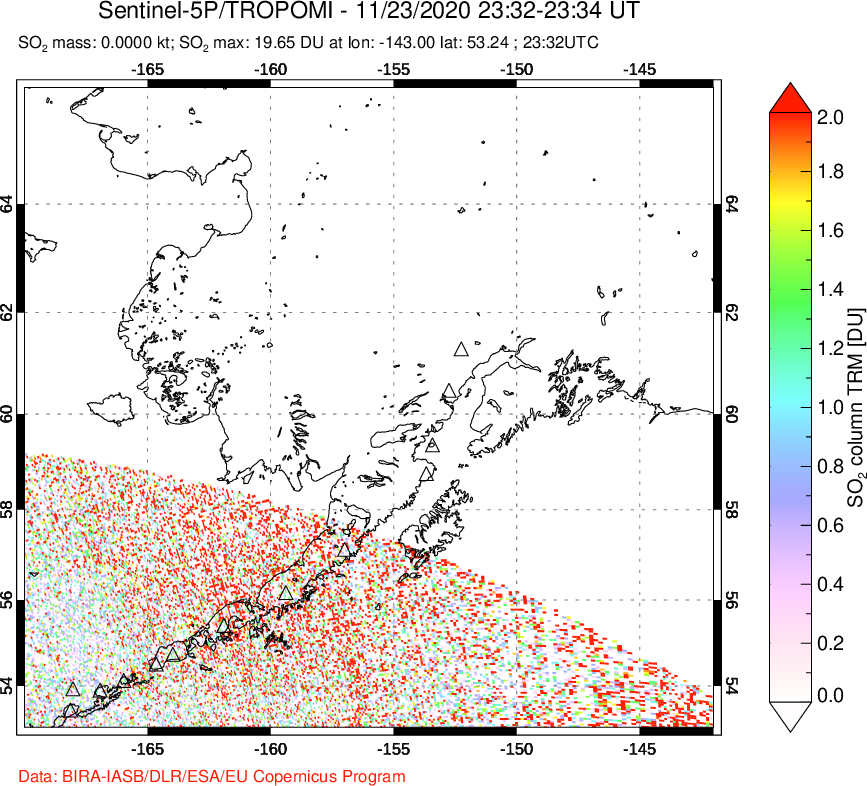 A sulfur dioxide image over Alaska, USA on Nov 23, 2020.