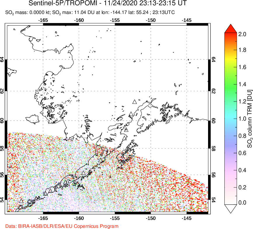 A sulfur dioxide image over Alaska, USA on Nov 24, 2020.