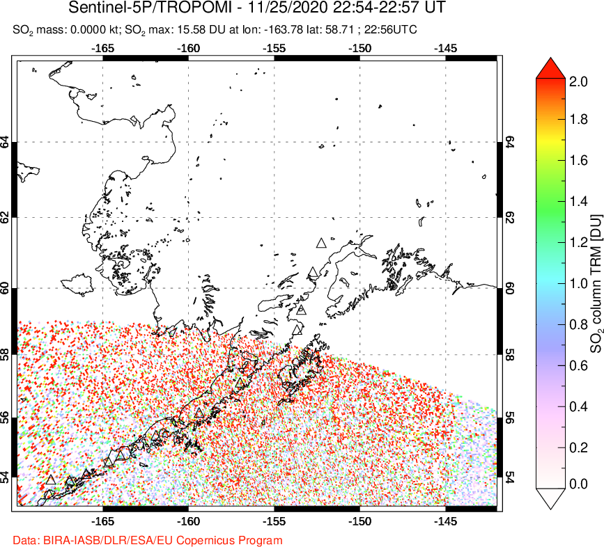A sulfur dioxide image over Alaska, USA on Nov 25, 2020.