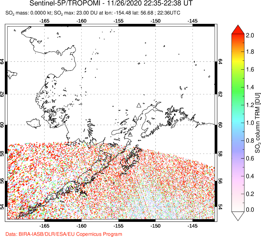 A sulfur dioxide image over Alaska, USA on Nov 26, 2020.