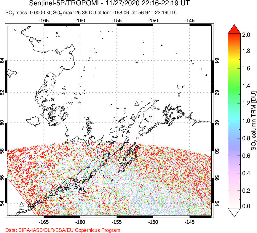 A sulfur dioxide image over Alaska, USA on Nov 27, 2020.