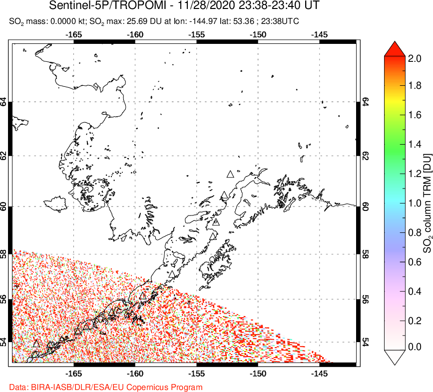 A sulfur dioxide image over Alaska, USA on Nov 28, 2020.