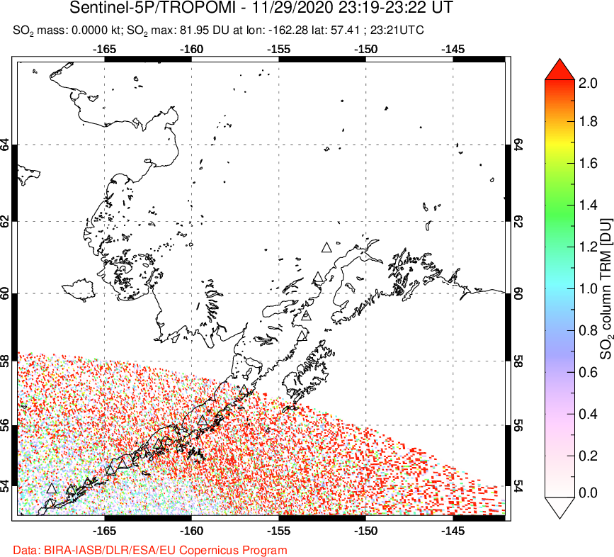 A sulfur dioxide image over Alaska, USA on Nov 29, 2020.