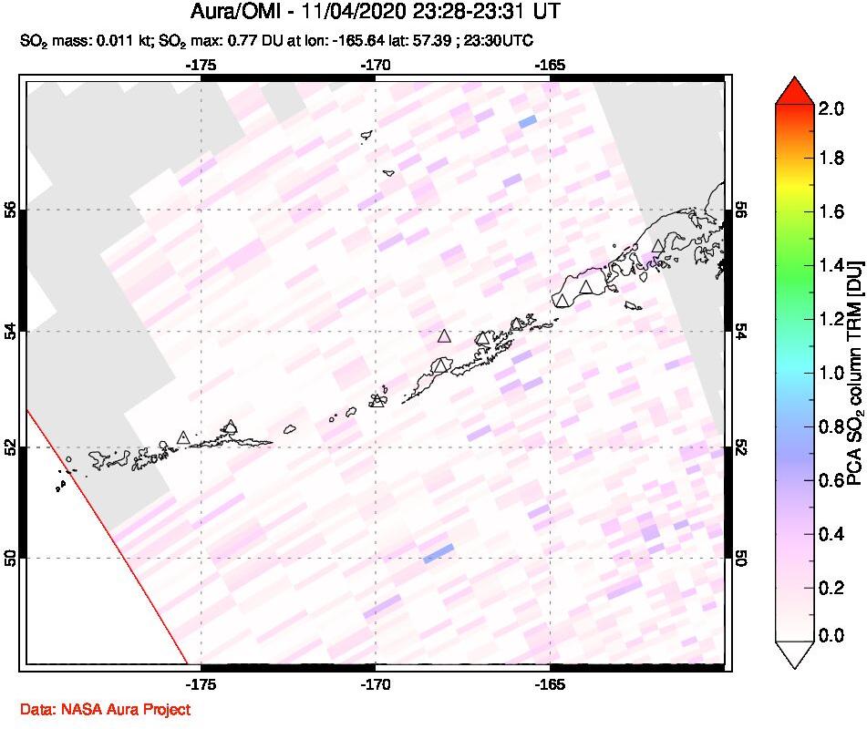 A sulfur dioxide image over Aleutian Islands, Alaska, USA on Nov 04, 2020.