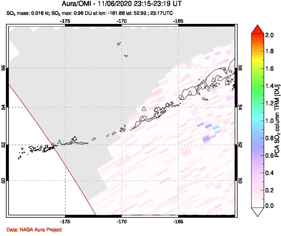 A sulfur dioxide image over Aleutian Islands, Alaska, USA on Nov 06, 2020.