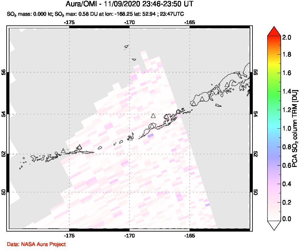 A sulfur dioxide image over Aleutian Islands, Alaska, USA on Nov 09, 2020.