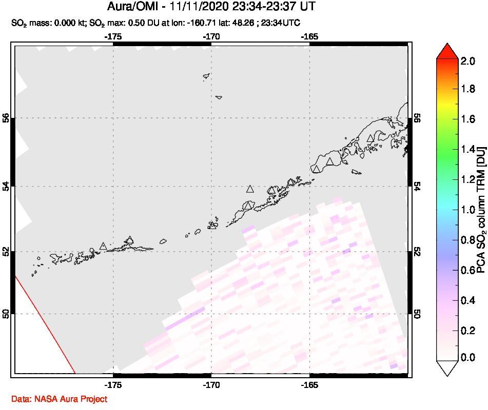 A sulfur dioxide image over Aleutian Islands, Alaska, USA on Nov 11, 2020.