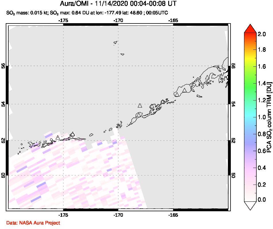 A sulfur dioxide image over Aleutian Islands, Alaska, USA on Nov 14, 2020.
