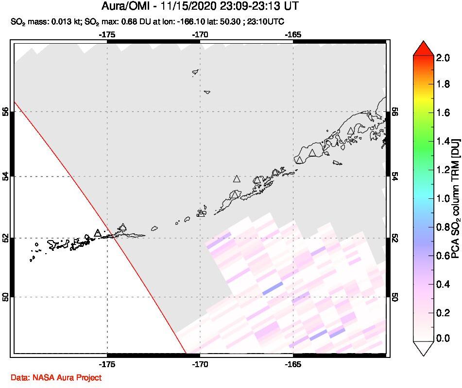A sulfur dioxide image over Aleutian Islands, Alaska, USA on Nov 15, 2020.