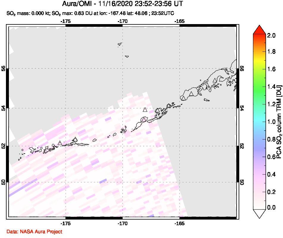 A sulfur dioxide image over Aleutian Islands, Alaska, USA on Nov 16, 2020.