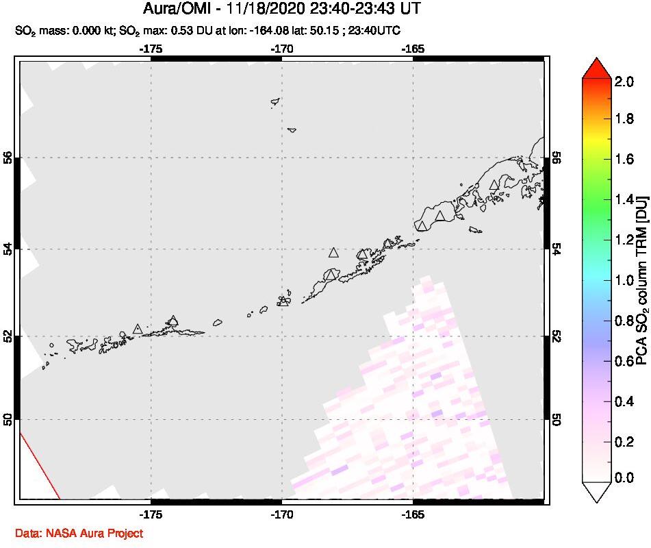 A sulfur dioxide image over Aleutian Islands, Alaska, USA on Nov 18, 2020.