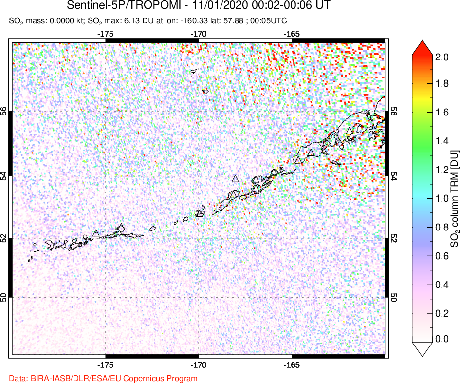 A sulfur dioxide image over Aleutian Islands, Alaska, USA on Nov 01, 2020.