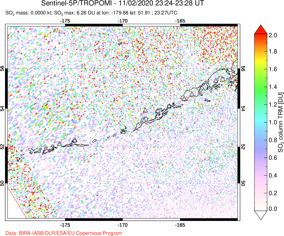 A sulfur dioxide image over Aleutian Islands, Alaska, USA on Nov 02, 2020.