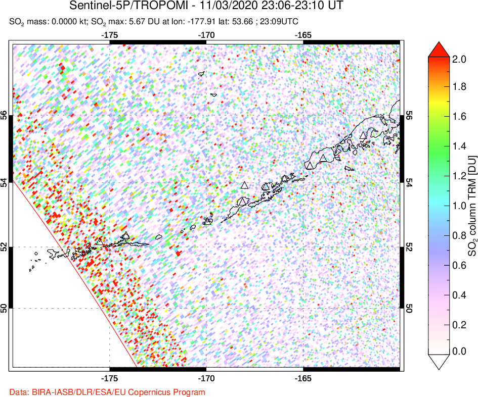A sulfur dioxide image over Aleutian Islands, Alaska, USA on Nov 03, 2020.