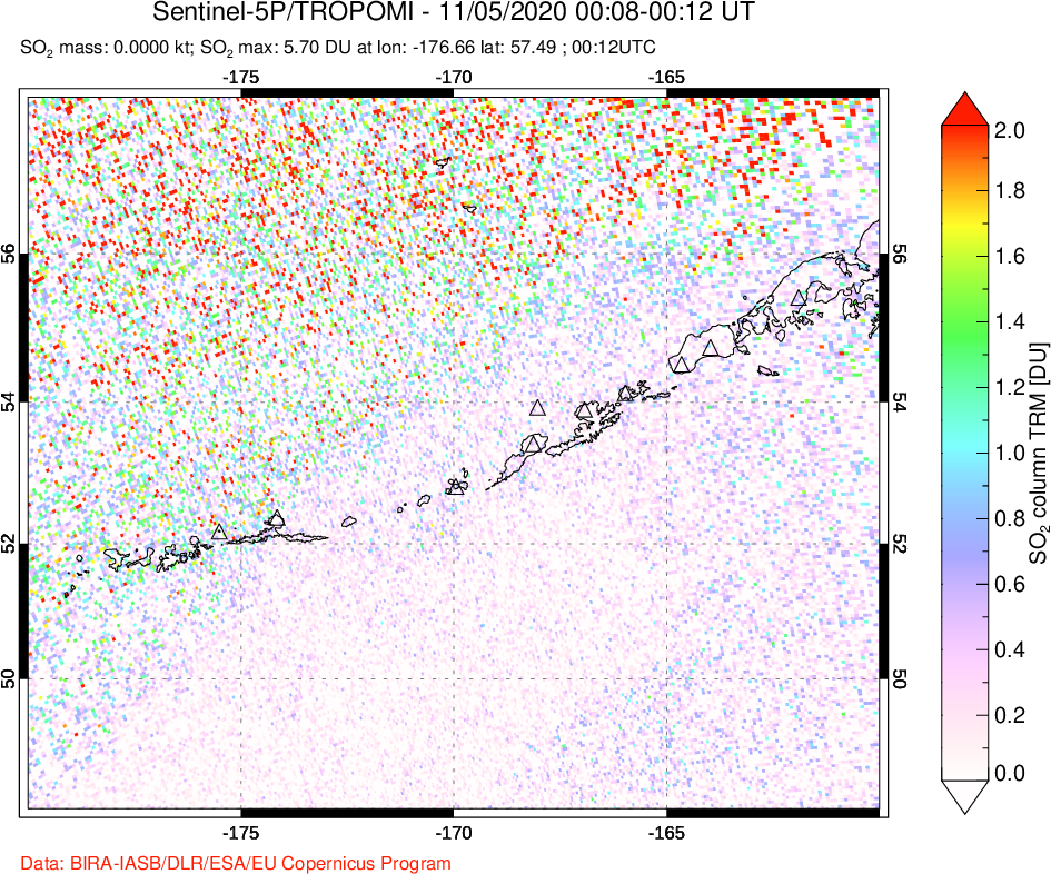 A sulfur dioxide image over Aleutian Islands, Alaska, USA on Nov 05, 2020.