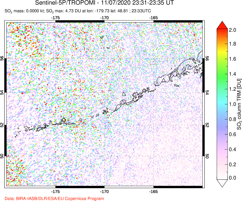 A sulfur dioxide image over Aleutian Islands, Alaska, USA on Nov 07, 2020.