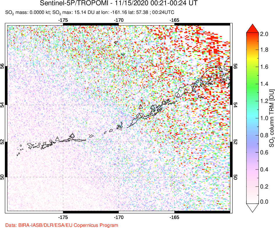 A sulfur dioxide image over Aleutian Islands, Alaska, USA on Nov 15, 2020.