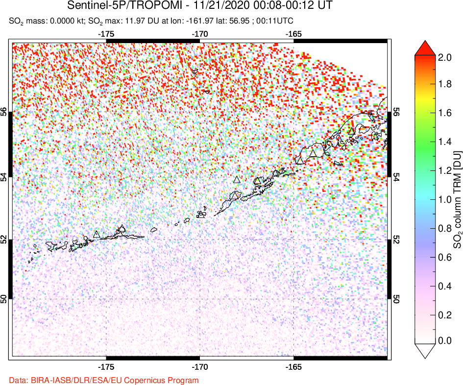 A sulfur dioxide image over Aleutian Islands, Alaska, USA on Nov 21, 2020.