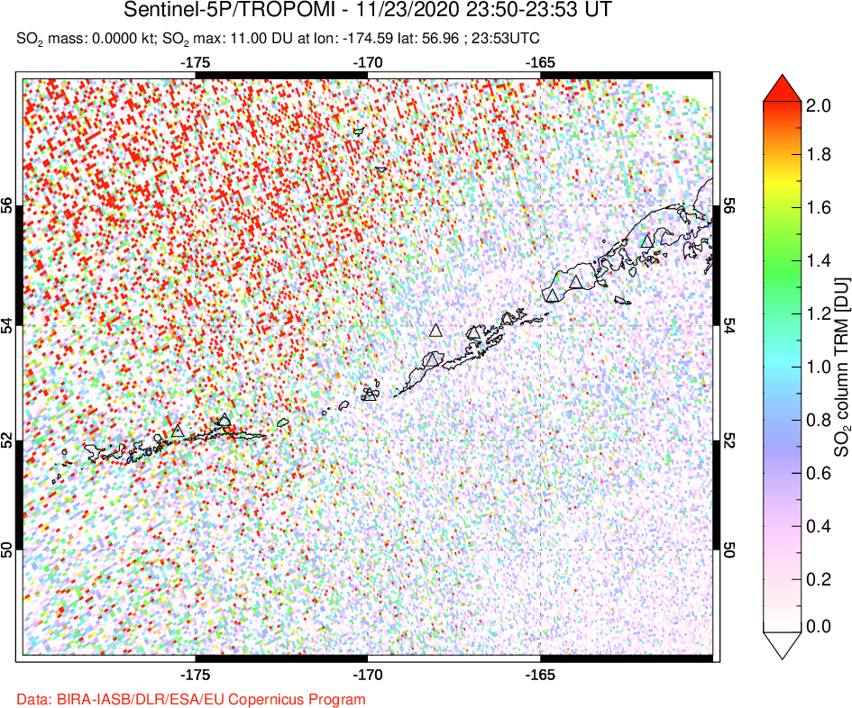 A sulfur dioxide image over Aleutian Islands, Alaska, USA on Nov 23, 2020.