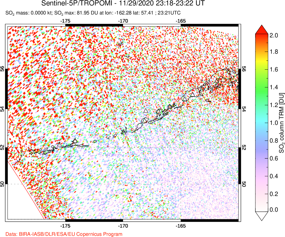 A sulfur dioxide image over Aleutian Islands, Alaska, USA on Nov 29, 2020.