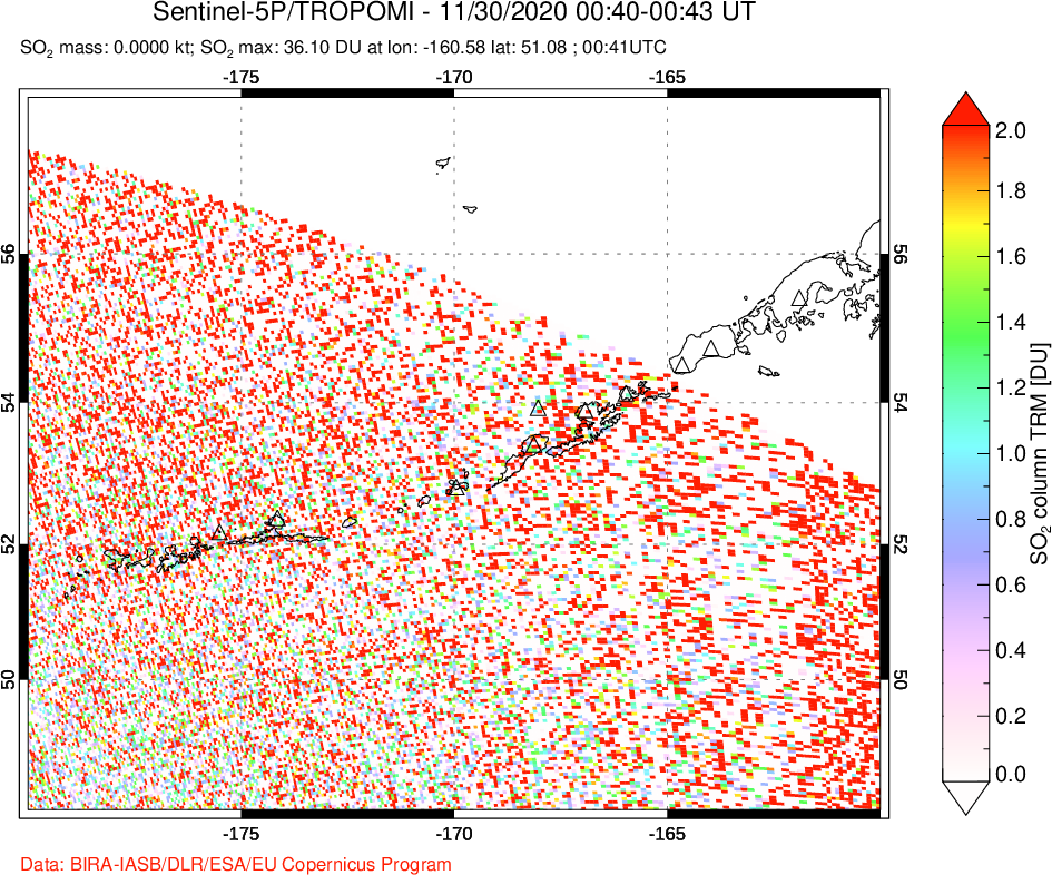 A sulfur dioxide image over Aleutian Islands, Alaska, USA on Nov 30, 2020.