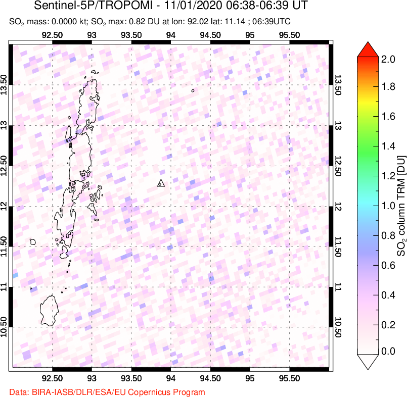 A sulfur dioxide image over Andaman Islands, Indian Ocean on Nov 01, 2020.