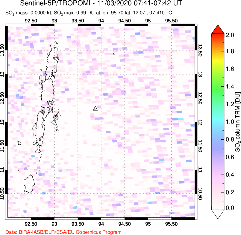 A sulfur dioxide image over Andaman Islands, Indian Ocean on Nov 03, 2020.