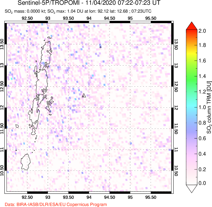 A sulfur dioxide image over Andaman Islands, Indian Ocean on Nov 04, 2020.