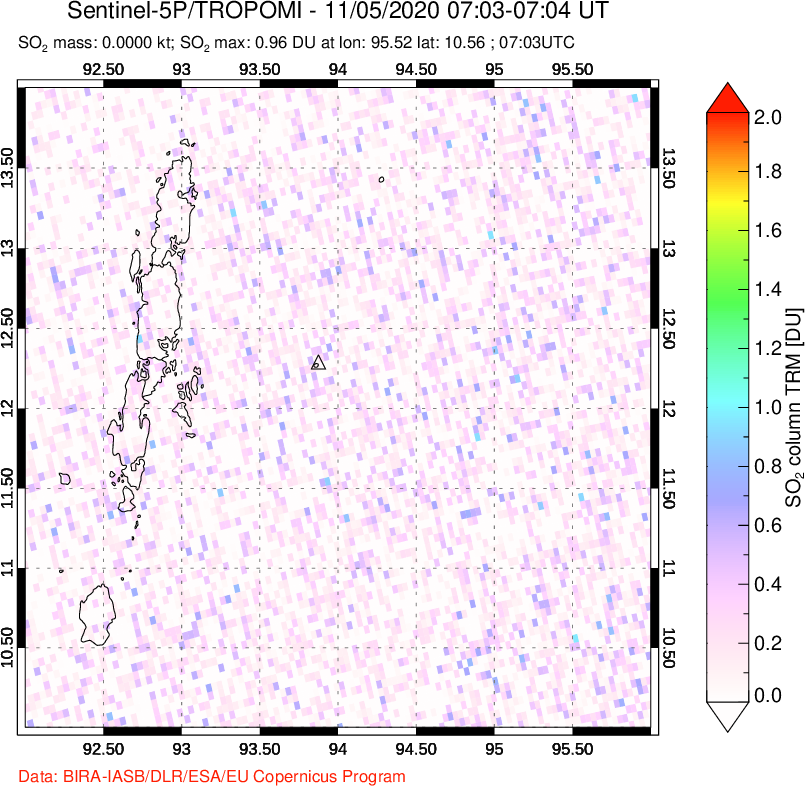 A sulfur dioxide image over Andaman Islands, Indian Ocean on Nov 05, 2020.