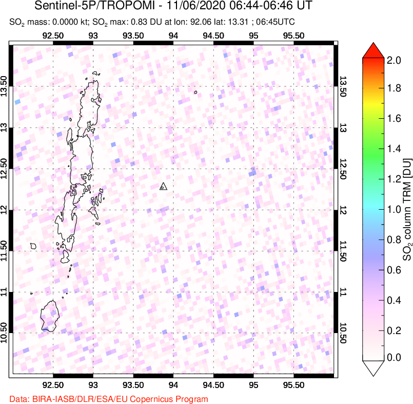 A sulfur dioxide image over Andaman Islands, Indian Ocean on Nov 06, 2020.