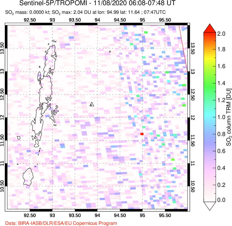 A sulfur dioxide image over Andaman Islands, Indian Ocean on Nov 08, 2020.
