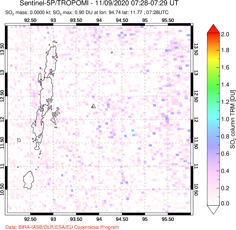 A sulfur dioxide image over Andaman Islands, Indian Ocean on Nov 09, 2020.