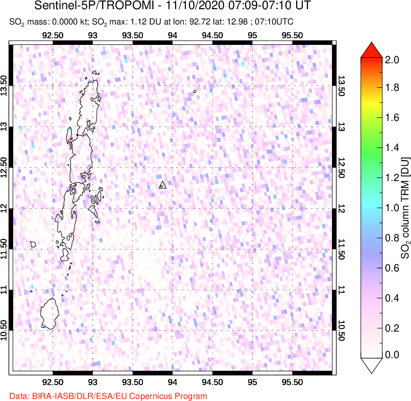 A sulfur dioxide image over Andaman Islands, Indian Ocean on Nov 10, 2020.