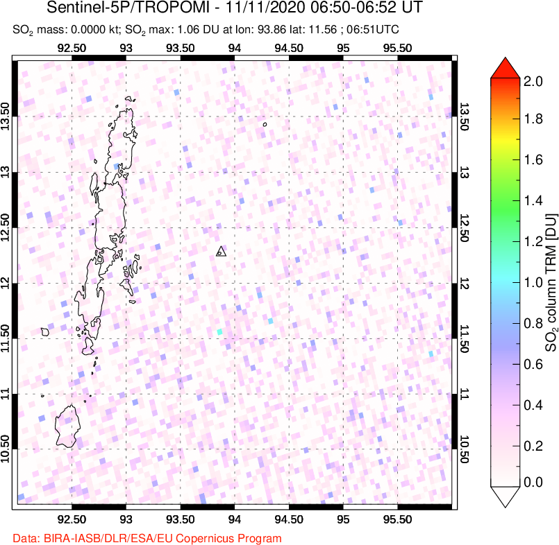 A sulfur dioxide image over Andaman Islands, Indian Ocean on Nov 11, 2020.