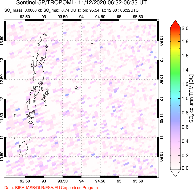 A sulfur dioxide image over Andaman Islands, Indian Ocean on Nov 12, 2020.