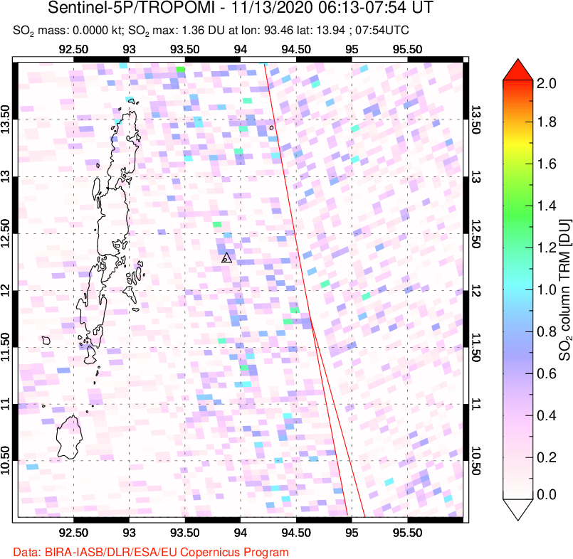 A sulfur dioxide image over Andaman Islands, Indian Ocean on Nov 13, 2020.