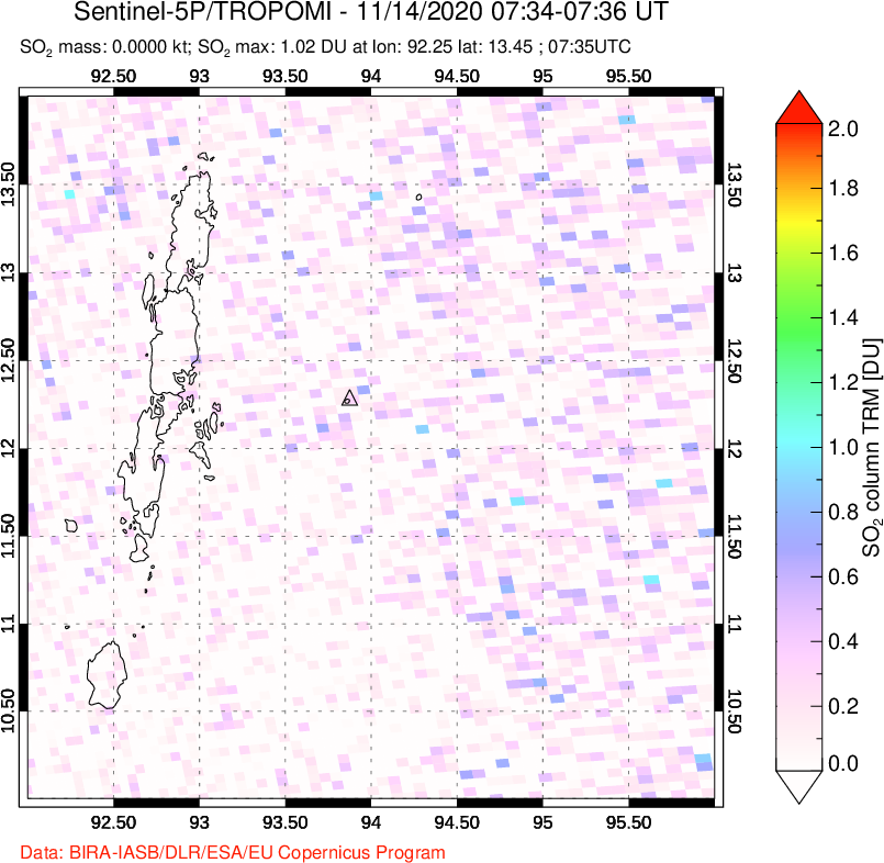 A sulfur dioxide image over Andaman Islands, Indian Ocean on Nov 14, 2020.