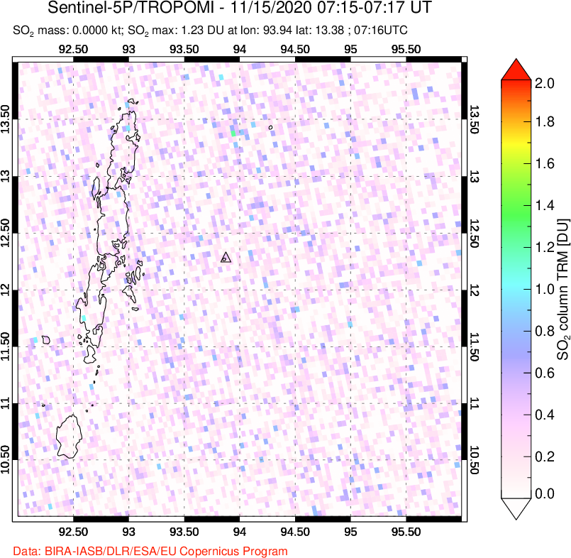A sulfur dioxide image over Andaman Islands, Indian Ocean on Nov 15, 2020.
