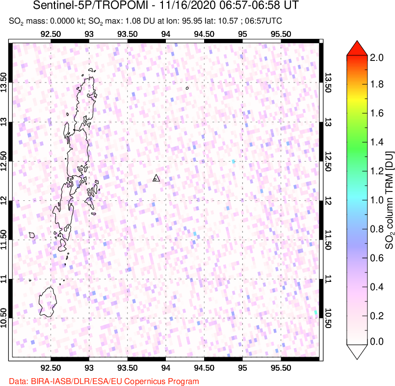 A sulfur dioxide image over Andaman Islands, Indian Ocean on Nov 16, 2020.