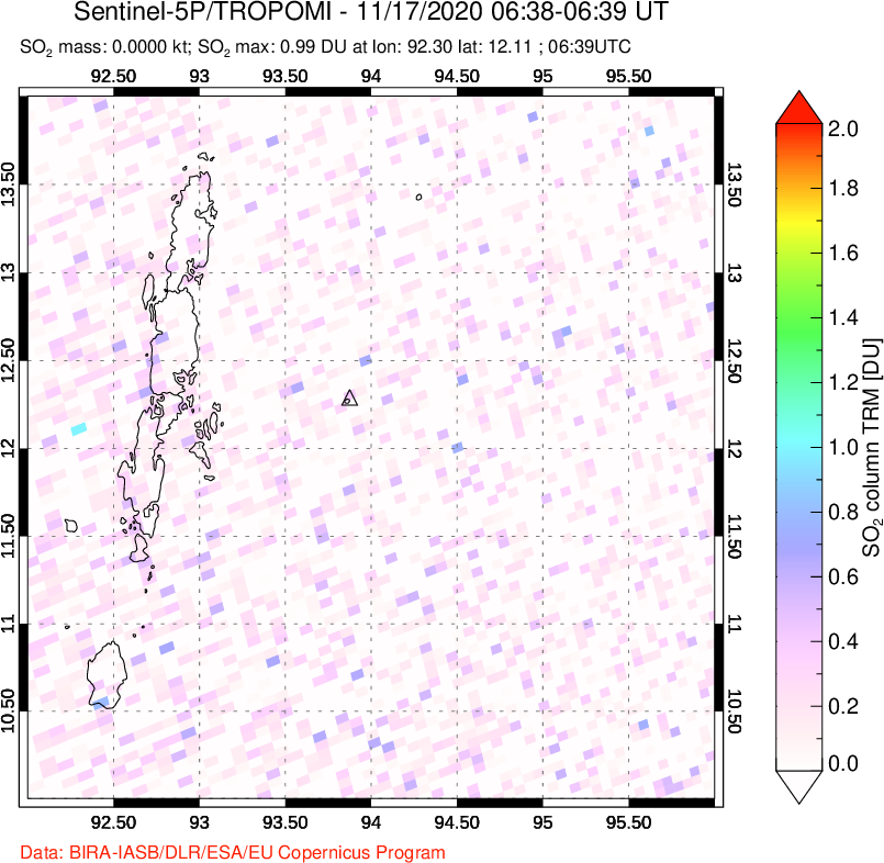A sulfur dioxide image over Andaman Islands, Indian Ocean on Nov 17, 2020.