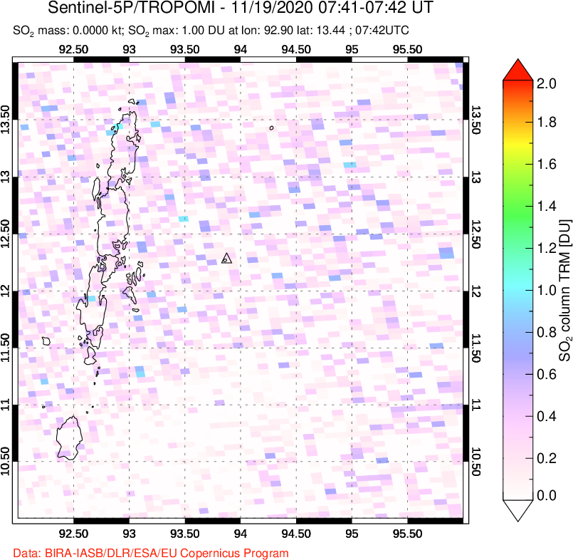 A sulfur dioxide image over Andaman Islands, Indian Ocean on Nov 19, 2020.