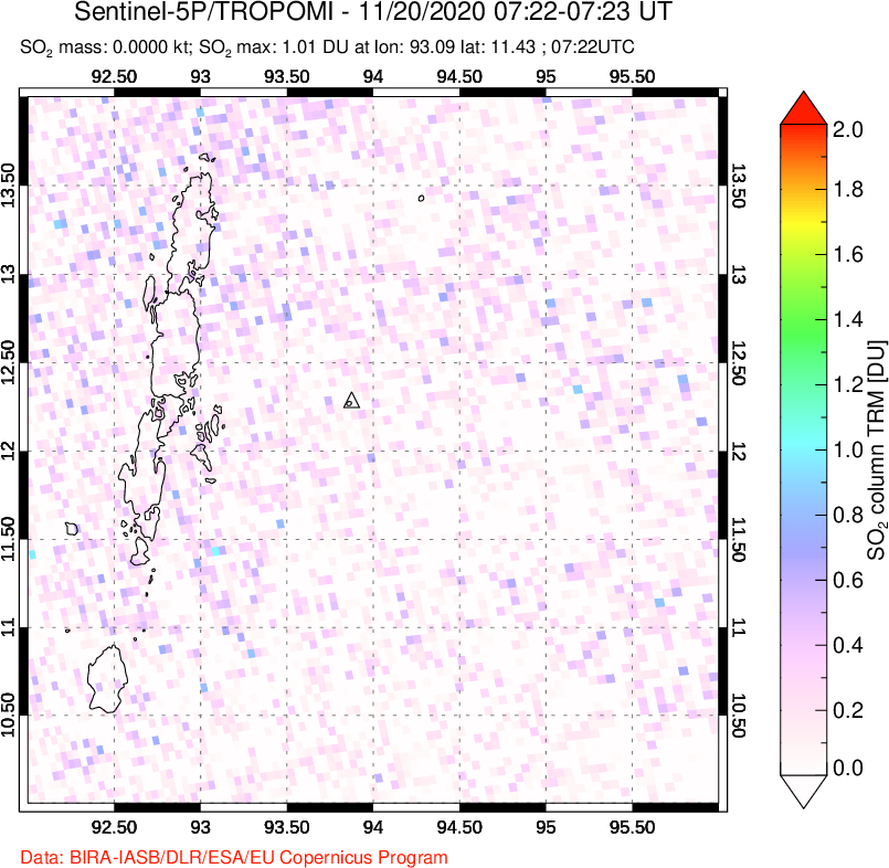 A sulfur dioxide image over Andaman Islands, Indian Ocean on Nov 20, 2020.