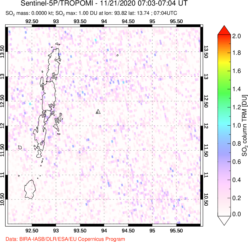 A sulfur dioxide image over Andaman Islands, Indian Ocean on Nov 21, 2020.