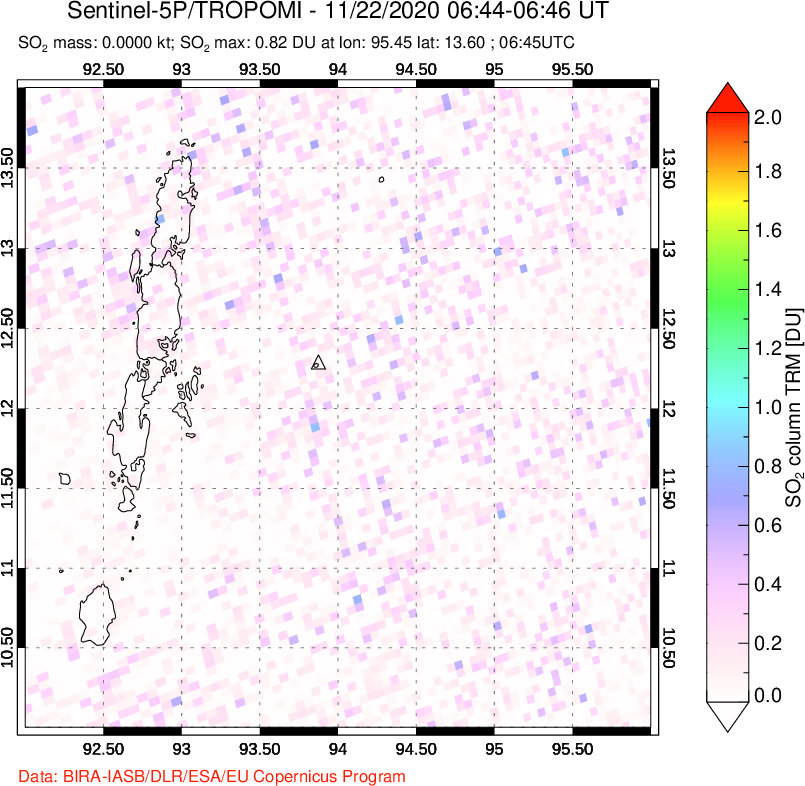 A sulfur dioxide image over Andaman Islands, Indian Ocean on Nov 22, 2020.