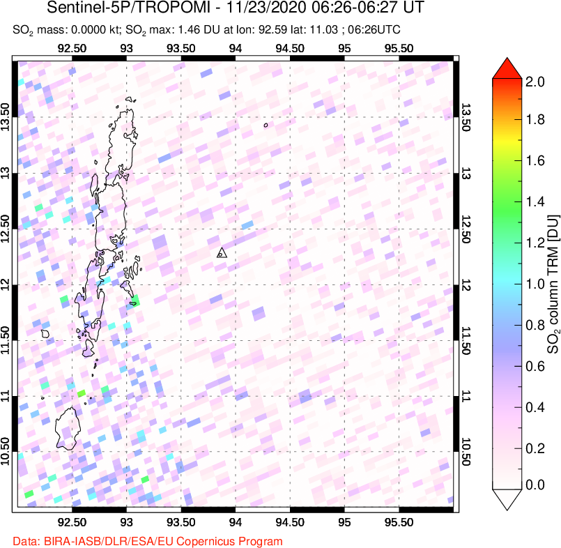 A sulfur dioxide image over Andaman Islands, Indian Ocean on Nov 23, 2020.