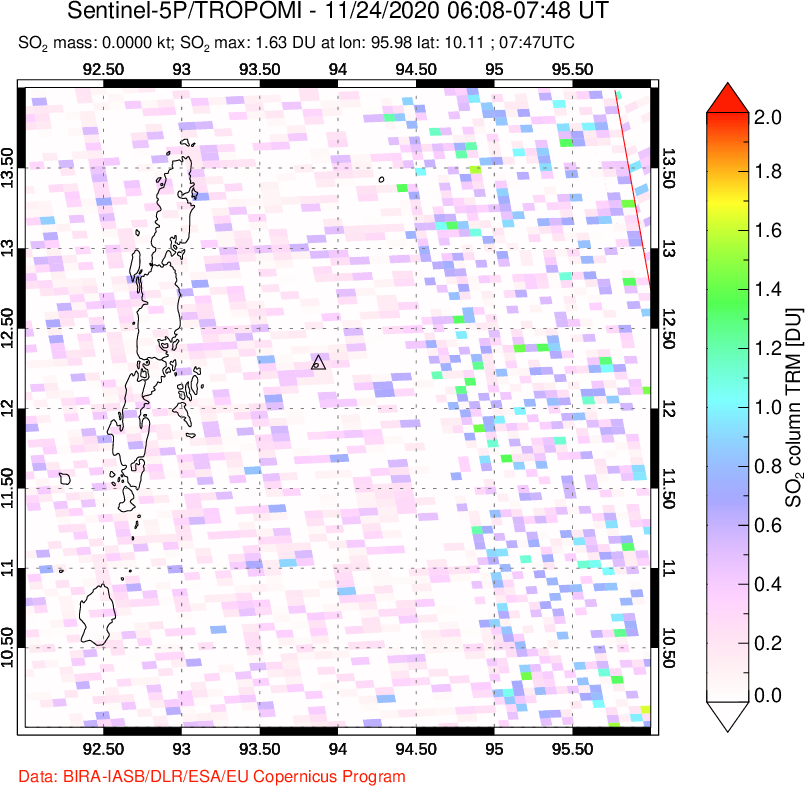 A sulfur dioxide image over Andaman Islands, Indian Ocean on Nov 24, 2020.