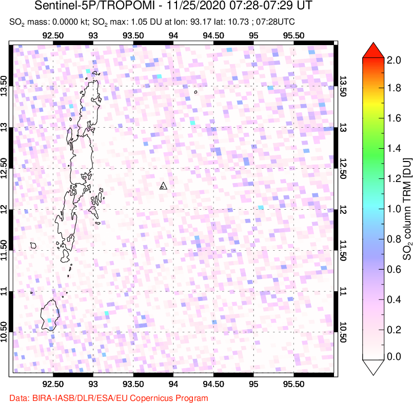 A sulfur dioxide image over Andaman Islands, Indian Ocean on Nov 25, 2020.