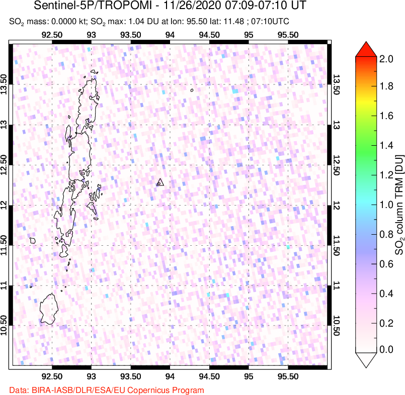 A sulfur dioxide image over Andaman Islands, Indian Ocean on Nov 26, 2020.