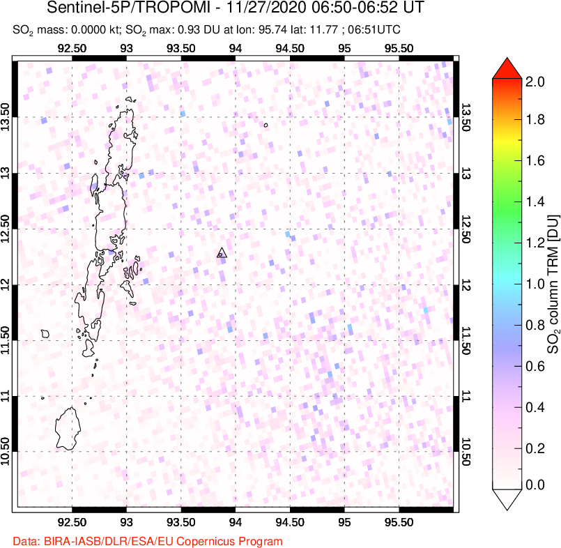 A sulfur dioxide image over Andaman Islands, Indian Ocean on Nov 27, 2020.