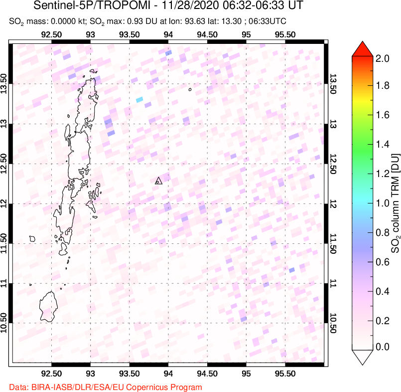 A sulfur dioxide image over Andaman Islands, Indian Ocean on Nov 28, 2020.